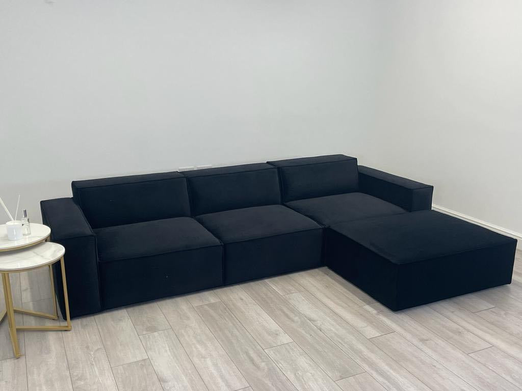 Black Three Seater Sofa with Footstool