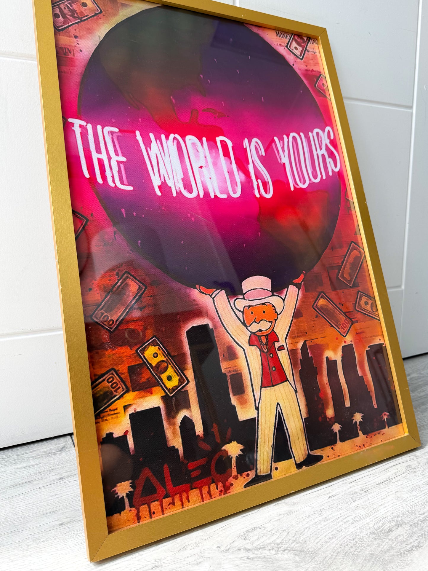 Framed Neon Monopoly Man Ready to Hang Picture