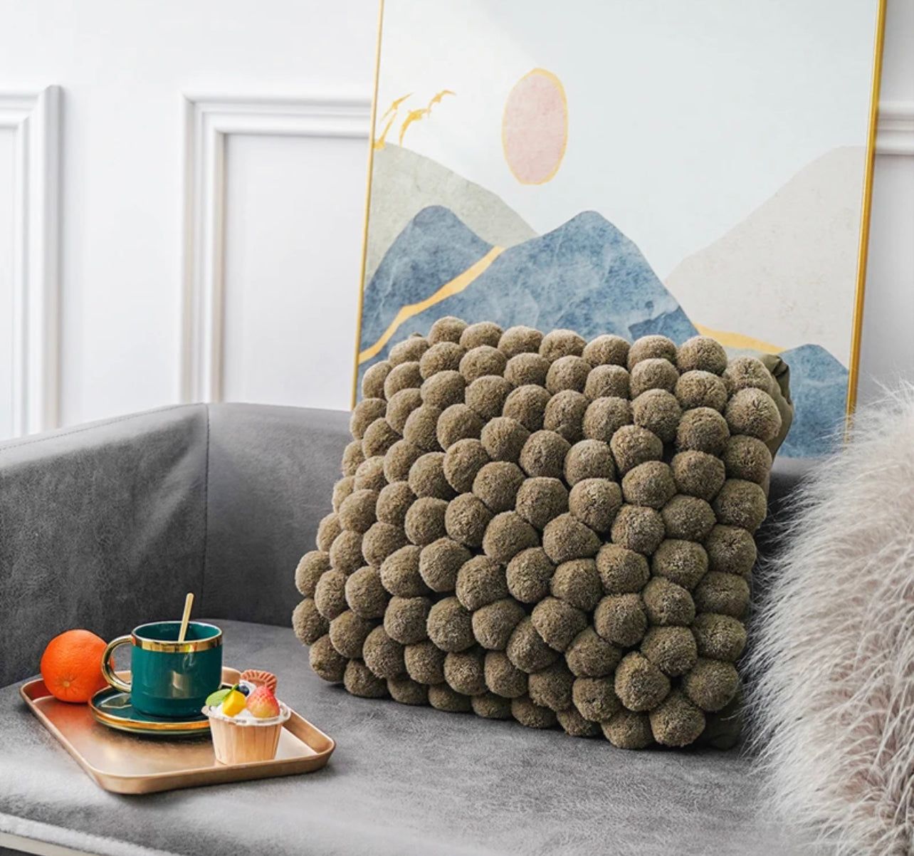 Khaki Handmade Ball Cushion Cover