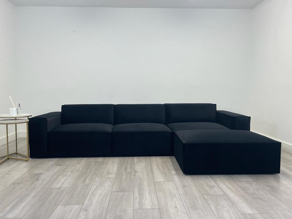 Black Three Seater Sofa with Footstool