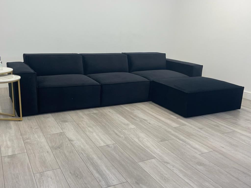 Black Three Seater Sofa with Footstool