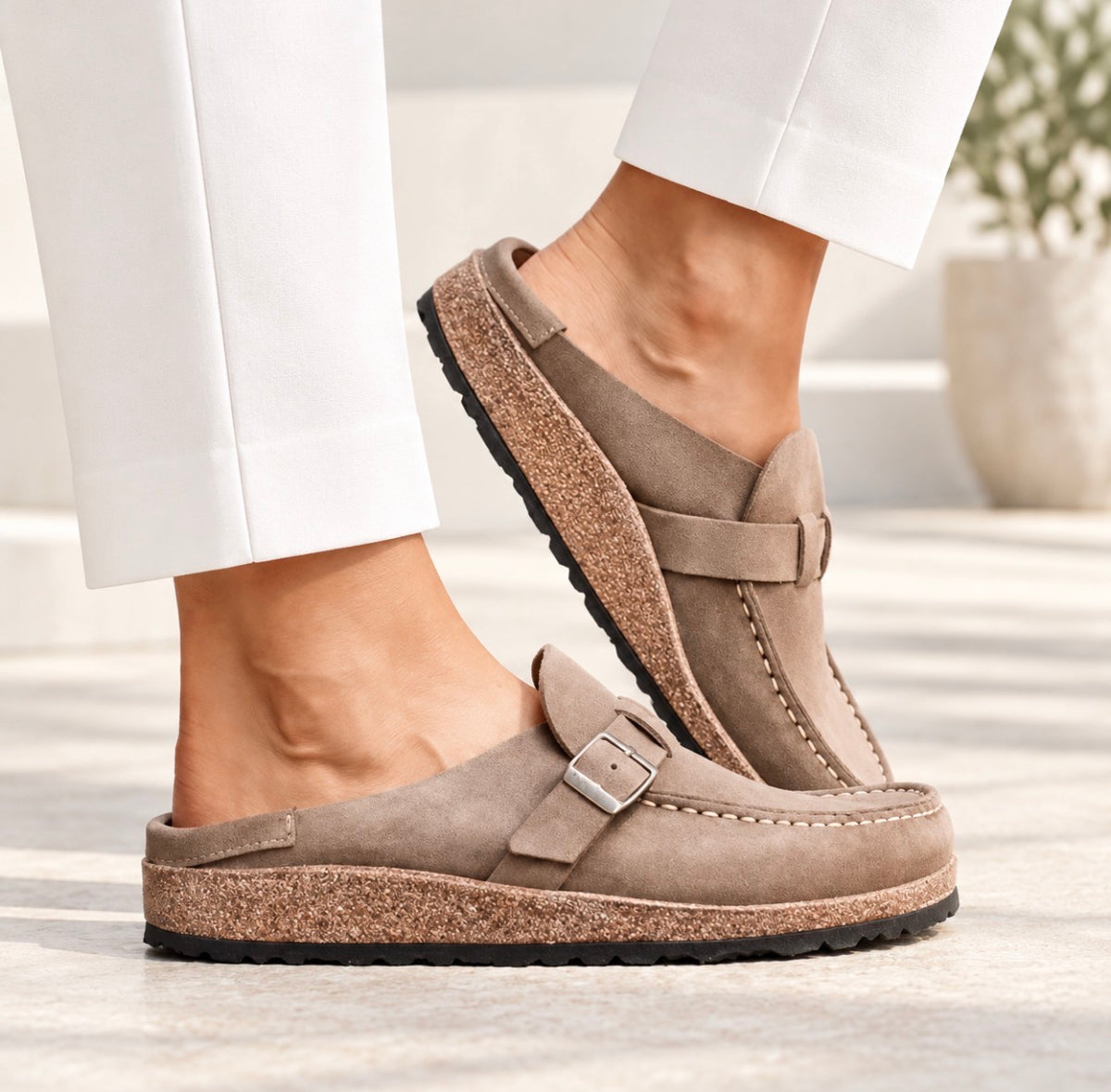 Nude Mule Clog Buckle Shoes