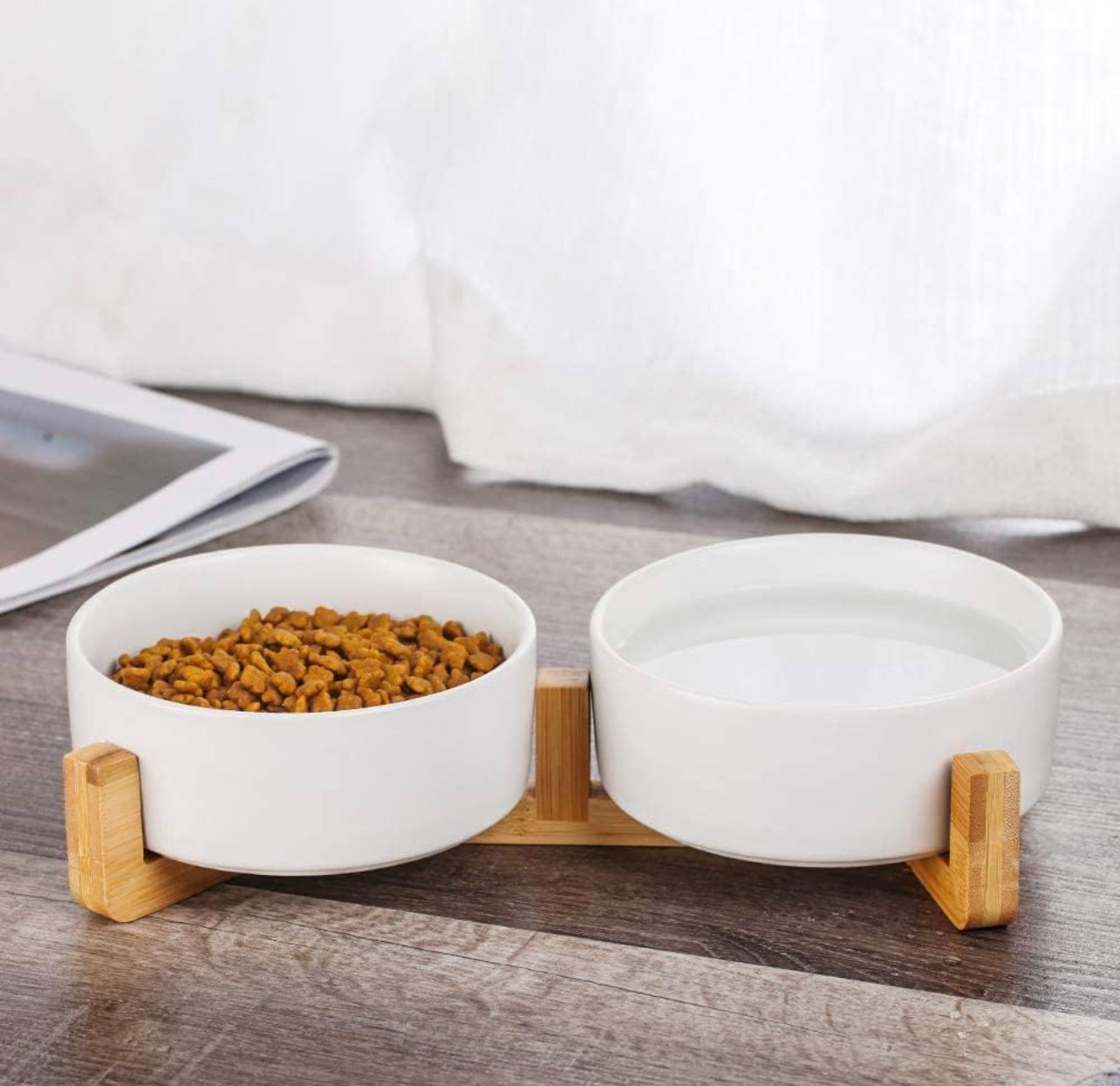 White Ceramic Pet Feeder - Two Bowls and Stand