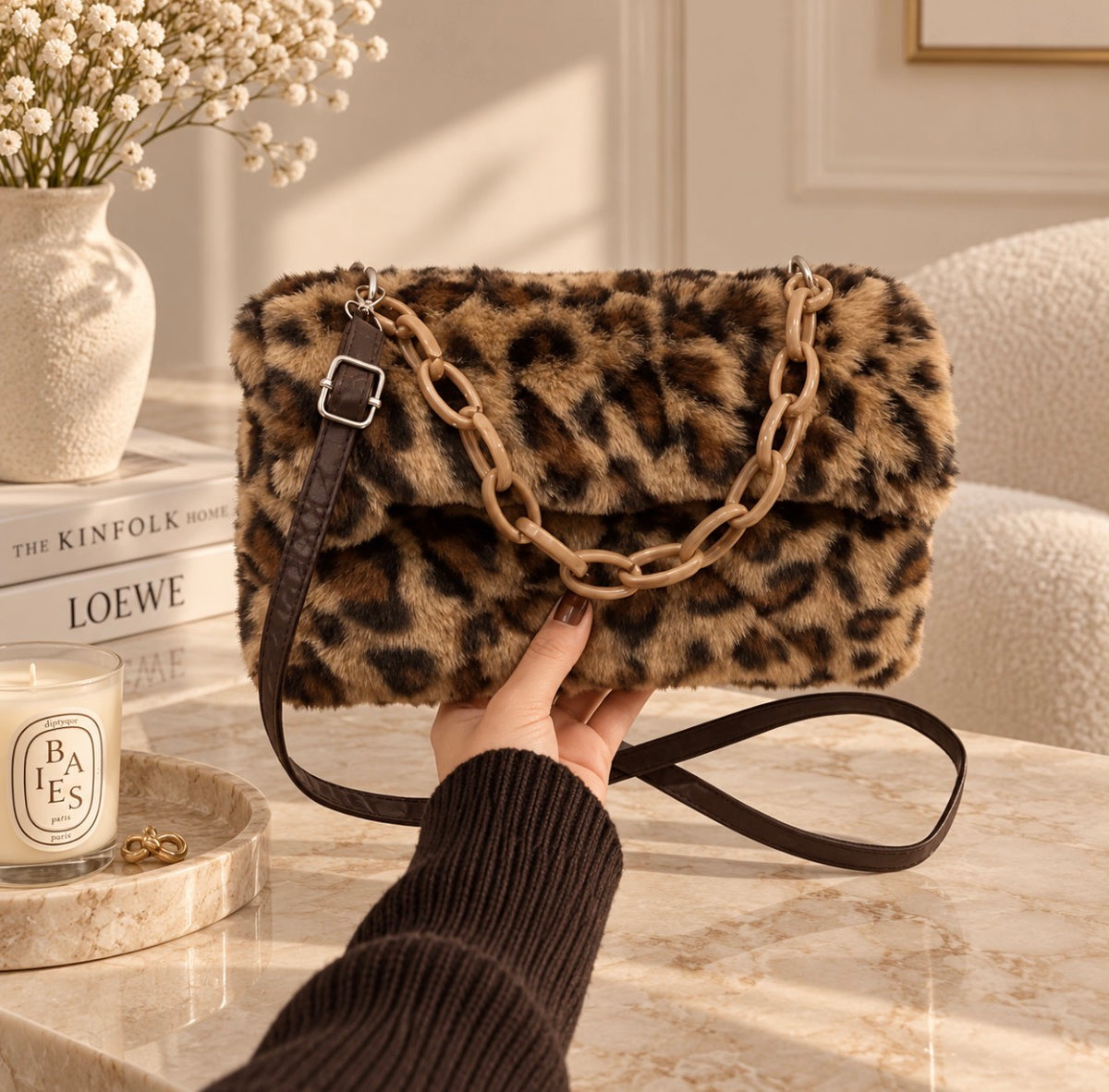 Leopard Print Faux Fur Shoulder Bag
