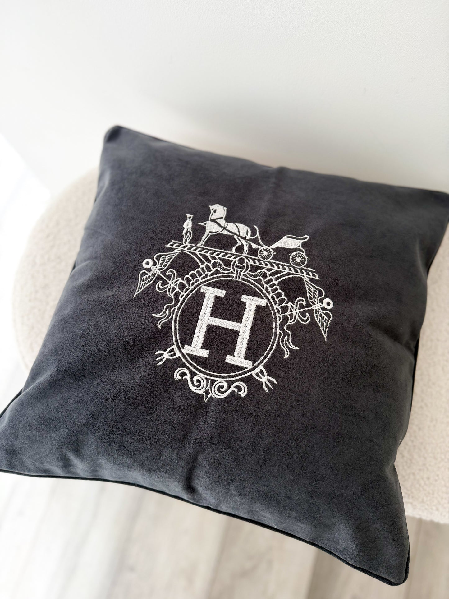 Duck Feather Grey and White Embroidered Horse Cushion