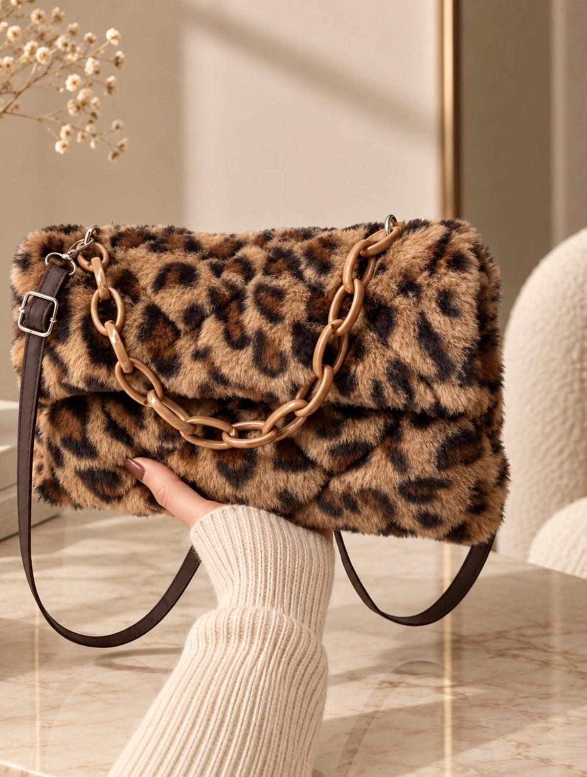 Leopard Print Faux Fur Shoulder Bag