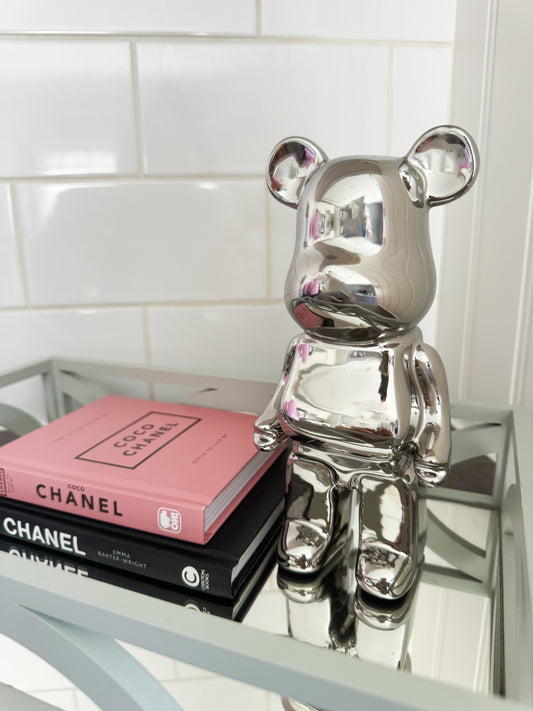 SILVER bear brick piggy bank ceramic sculpture