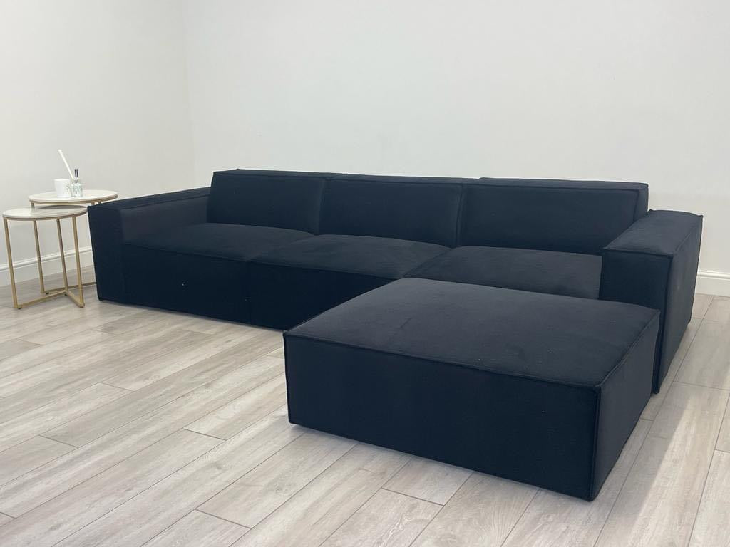 Black Three Seater Sofa with Footstool