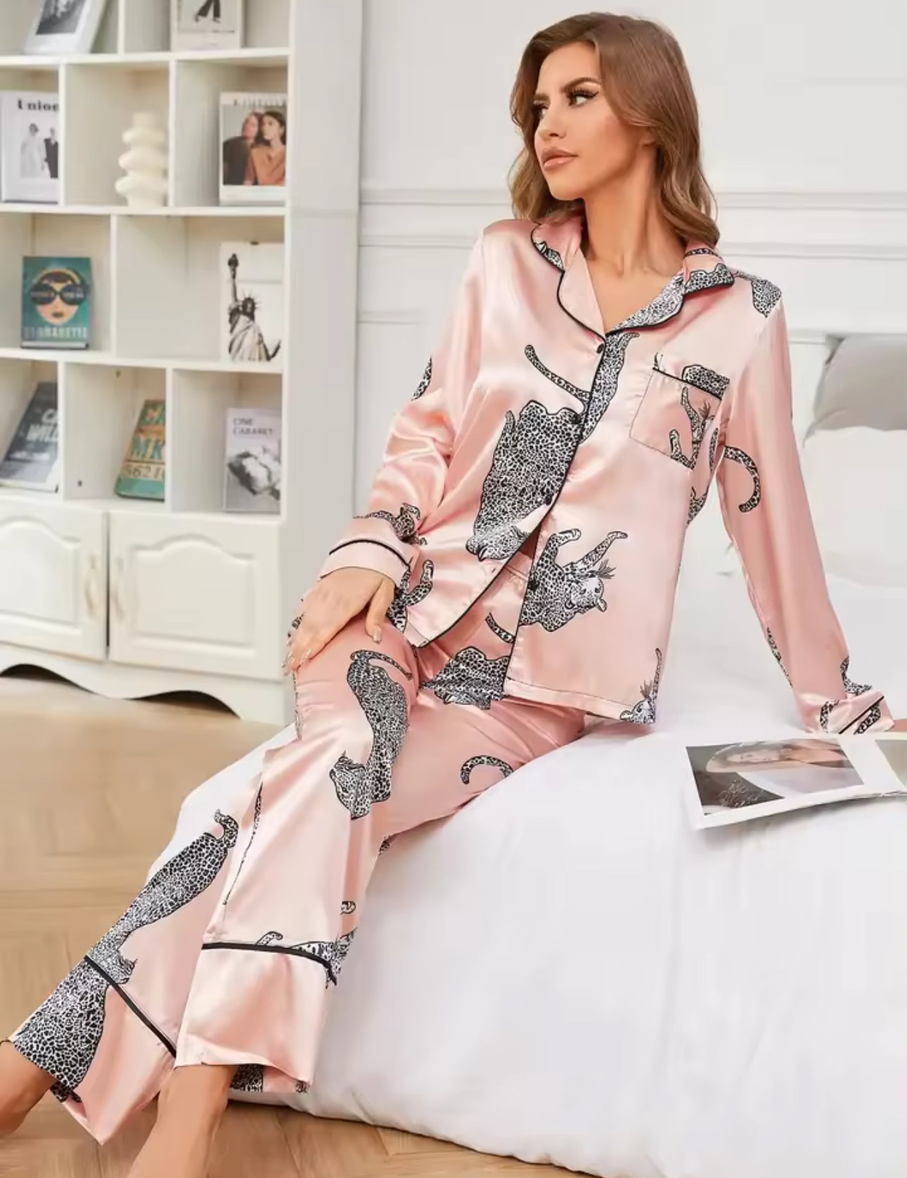 Rose Leopard Satin Pyjamas Set