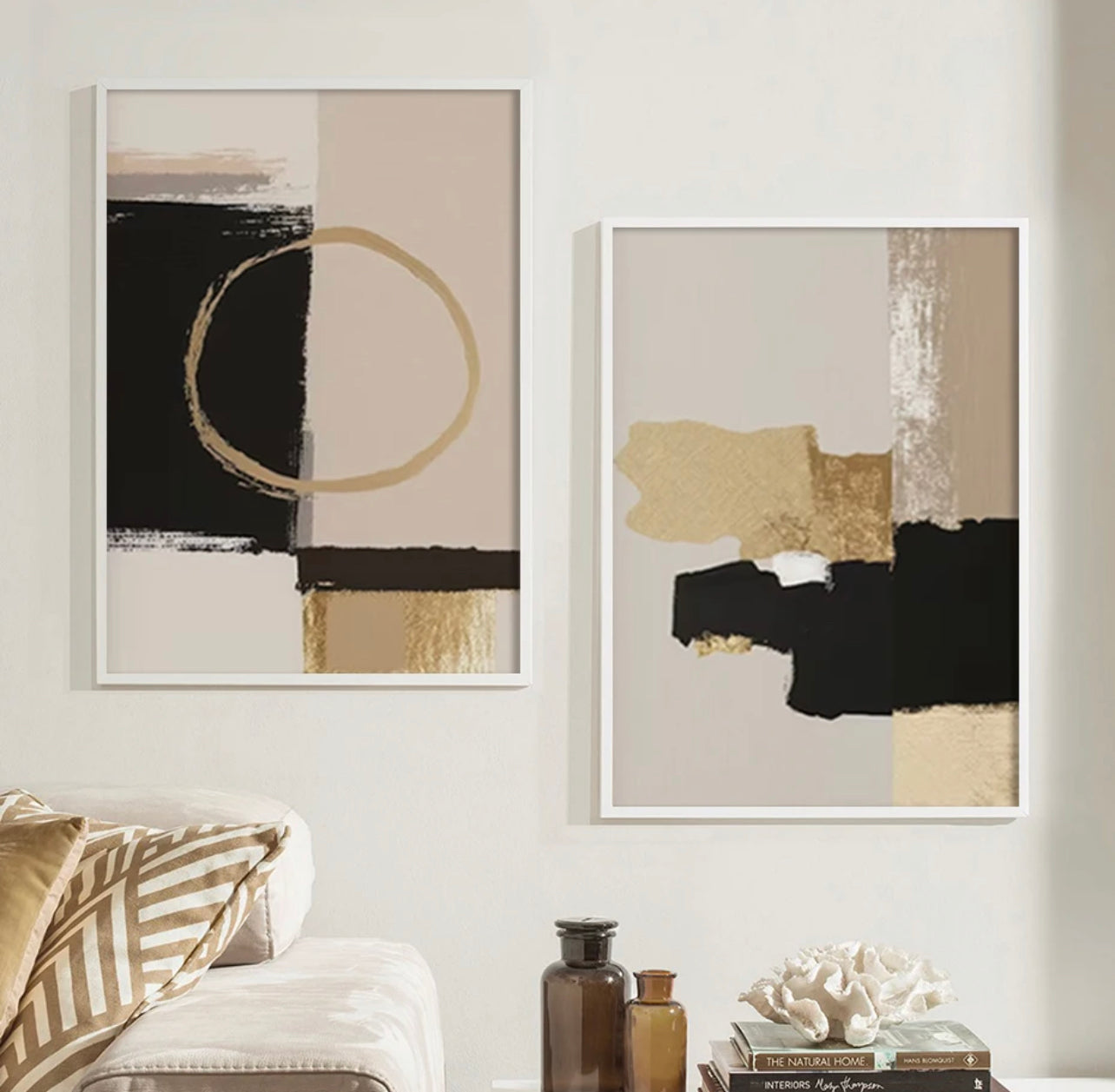 Set of 3 Beige and Gold Cotton Canvas Prints