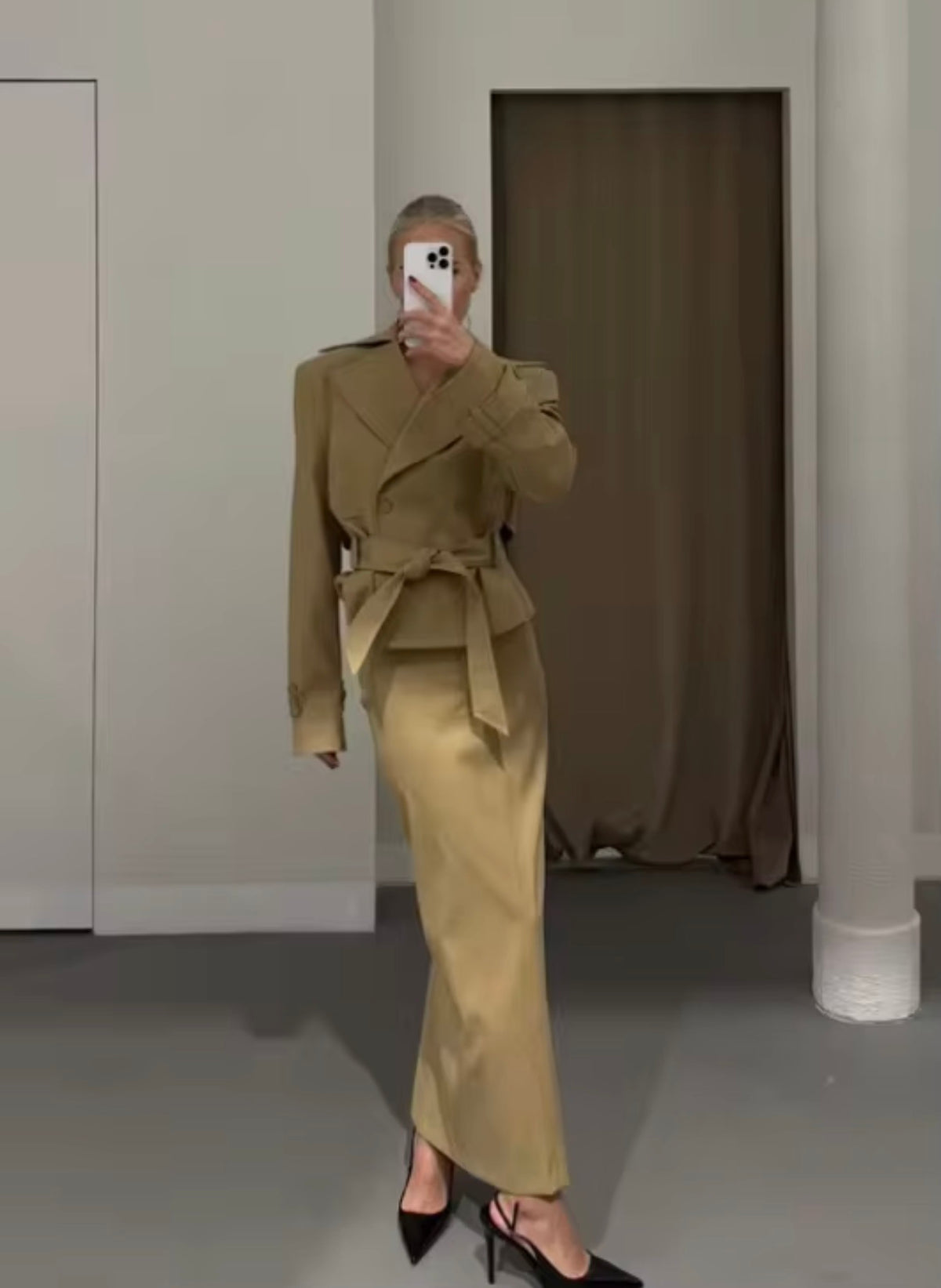 Trench Two Piece Belted Jacket & Maxi Skirt Set