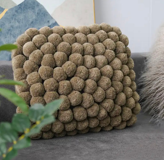 Khaki Handmade Ball Cushion Cover