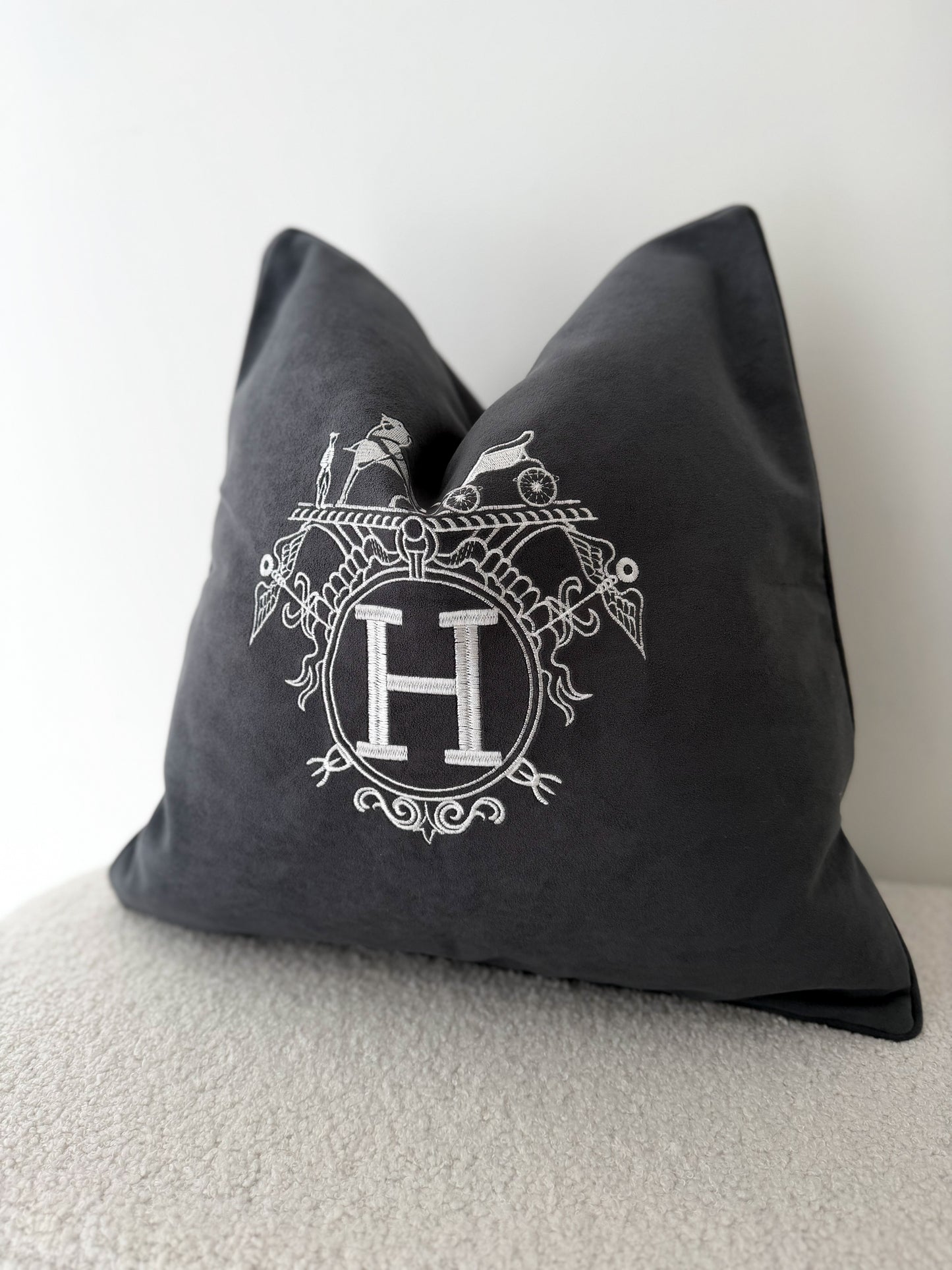 Duck Feather Grey and White Embroidered Horse Cushion