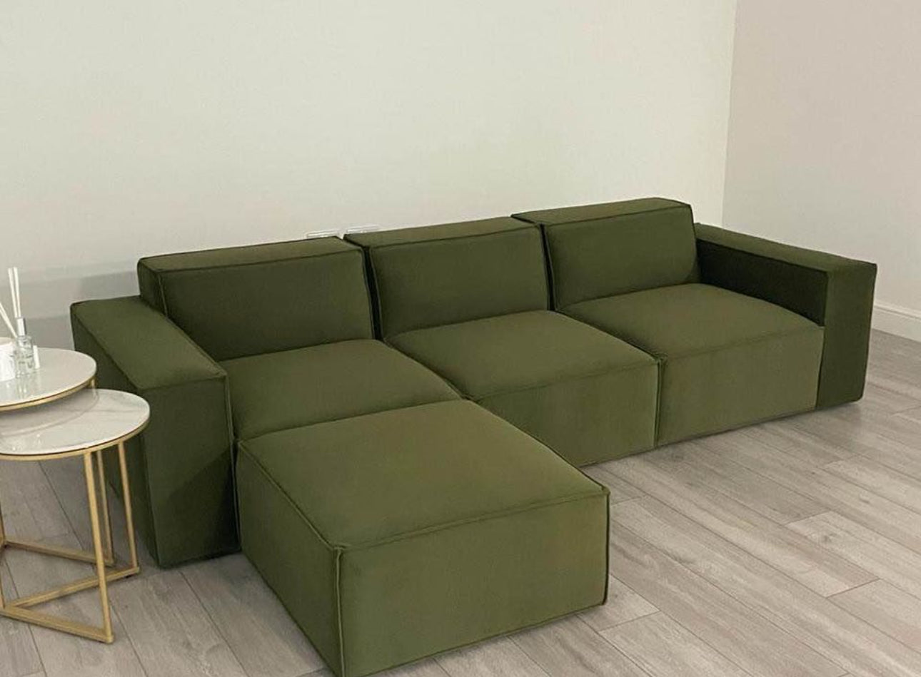 Vine Green Sectional 3 Seater Sofa + Footstool