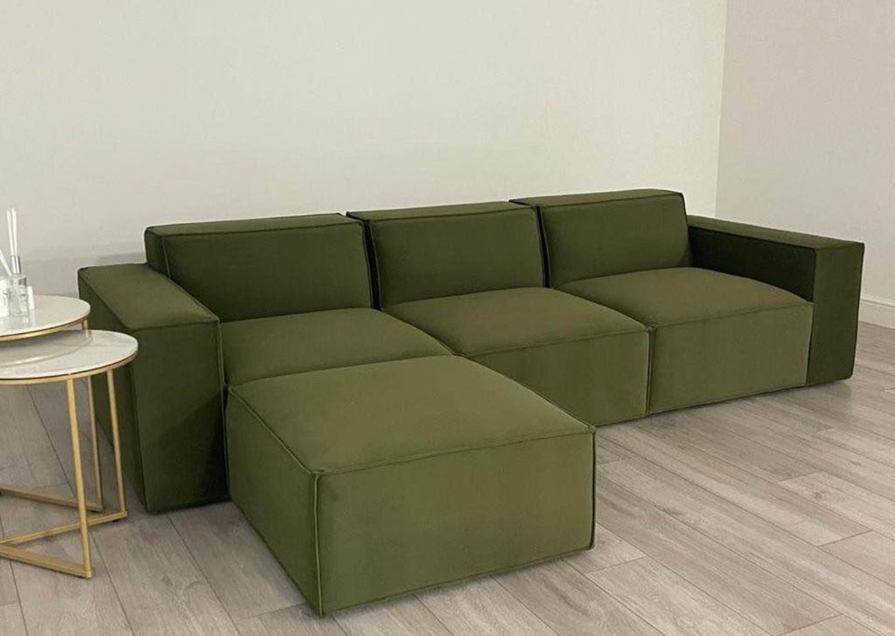 Vine Green Sectional 3 Seater Sofa + Footstool